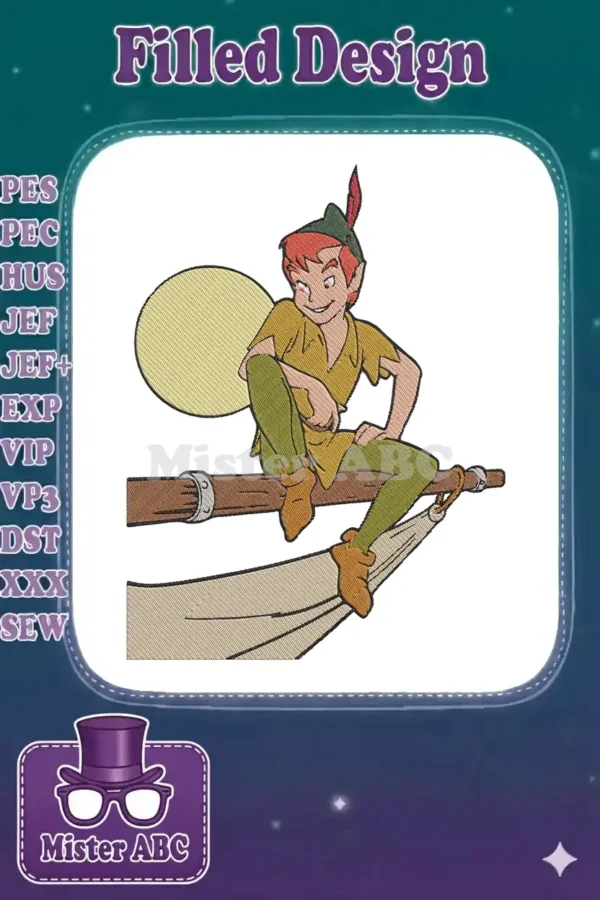 Peter Pan embroidery design, featuring the mischievous character sitting on a mast with a golden moon backdrop.