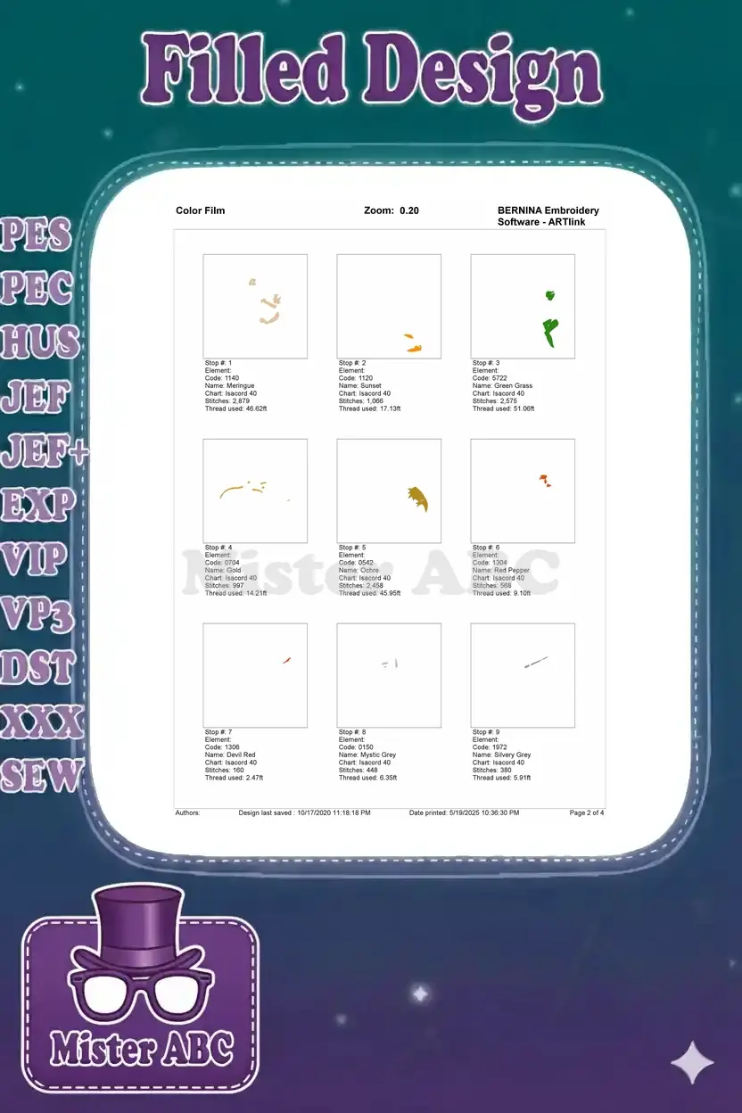 First section of the color film, showing initial embroidery stops for Peter Pan and Captain Hook design.