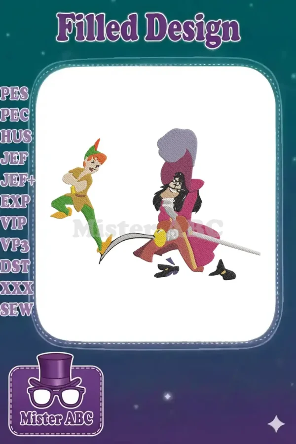 Vibrant embroidery design depicting Peter Pan in green and brown, leaping towards a theatrical Captain Hook with a sword.