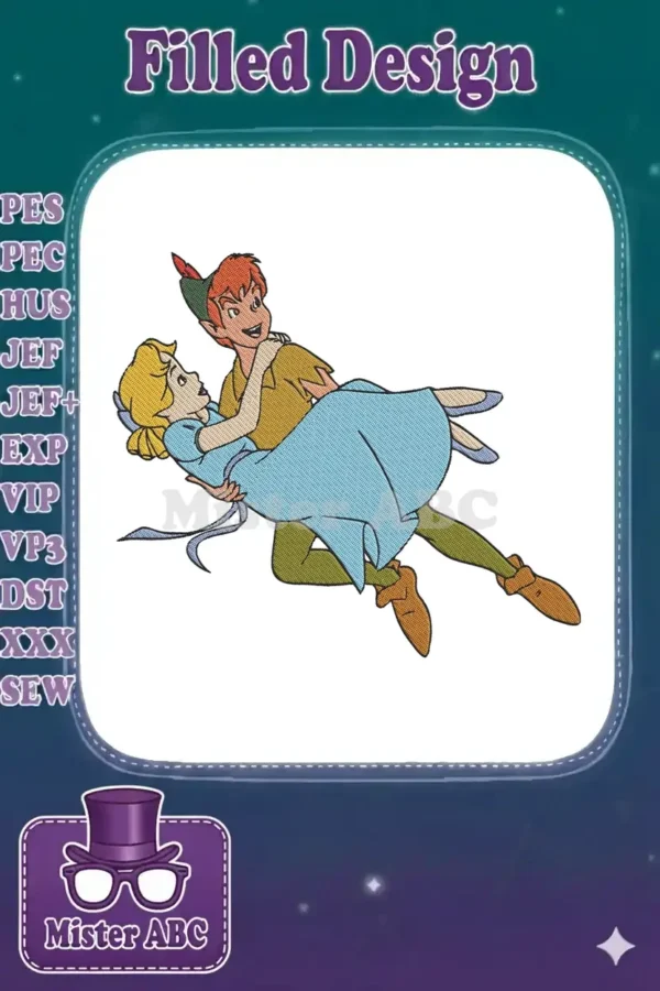 Peter Pan in his green tunic and hat, holding Wendy Darling in her blue dress, both soaring with joyful expressions.