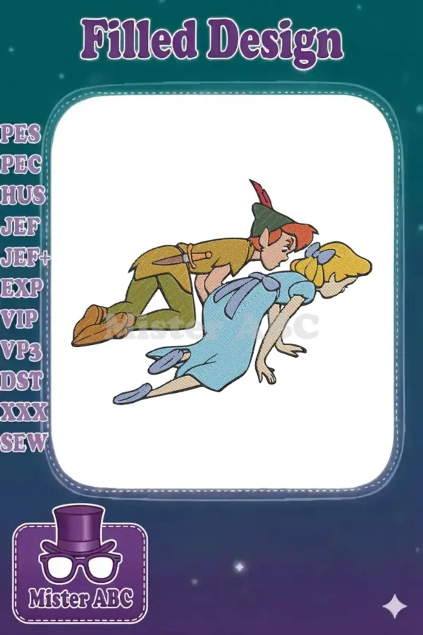 Classic Disney embroidery design featuring Peter Pan leaning over Wendy Darling, captured in a whimsical pose.