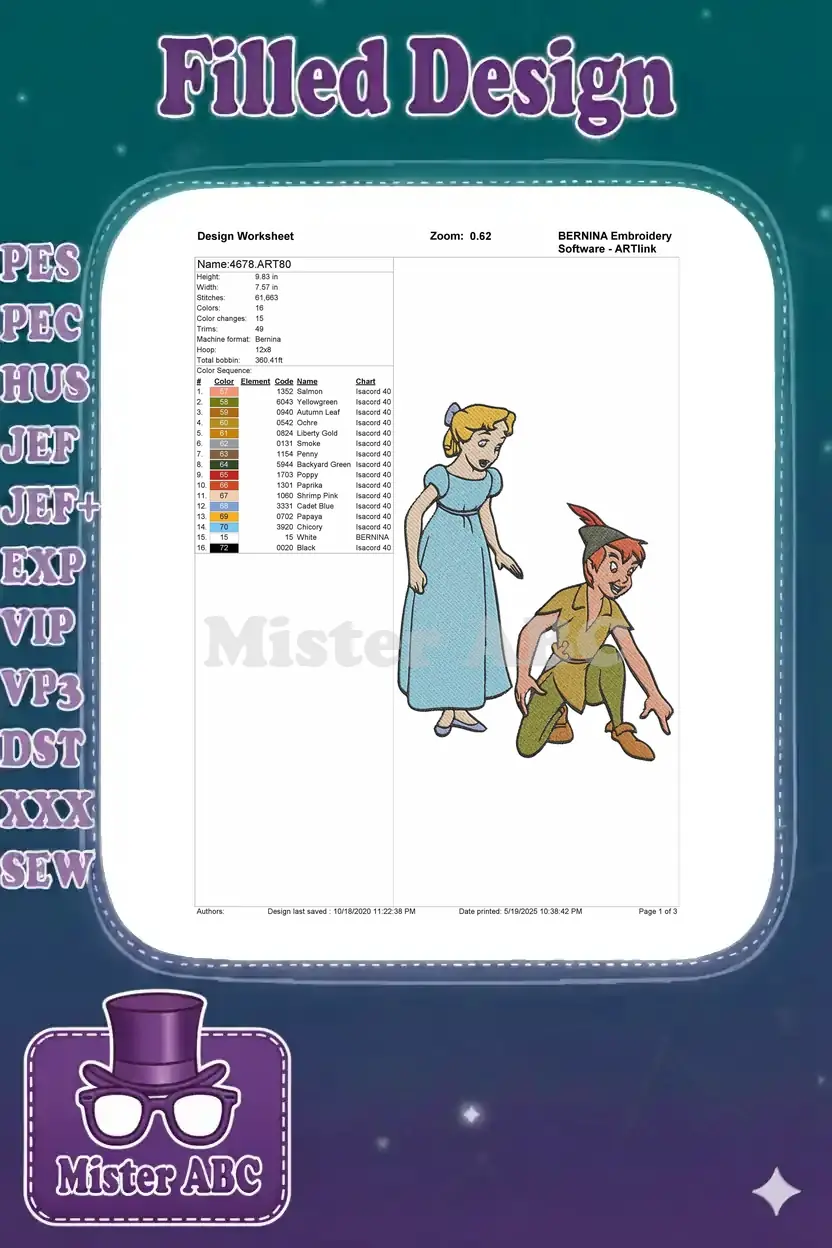 Embroidery design worksheet for Peter Pan and Wendy, detailing dimensions, stitch count, and color sequence.