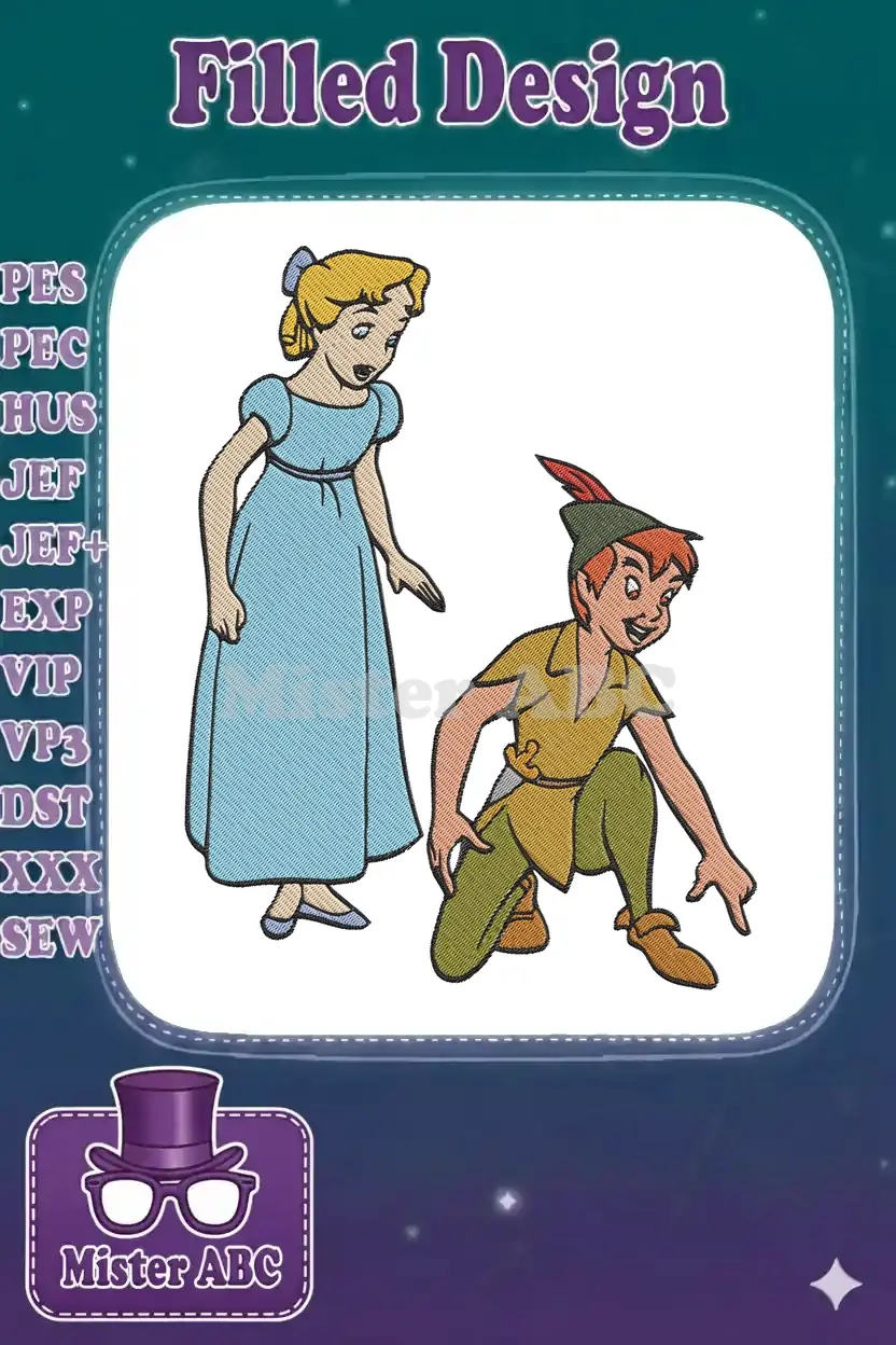 Classic Peter Pan and Wendy embroidery design, featuring the characters in their iconic poses with detailed stitching.