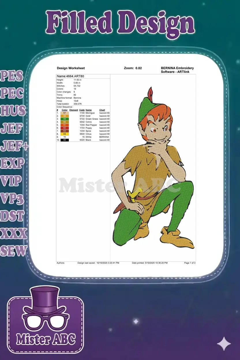 BERNINA Design Worksheet for the Peter Pan embroidery, showing dimensions, stitch count, and color sequence.
