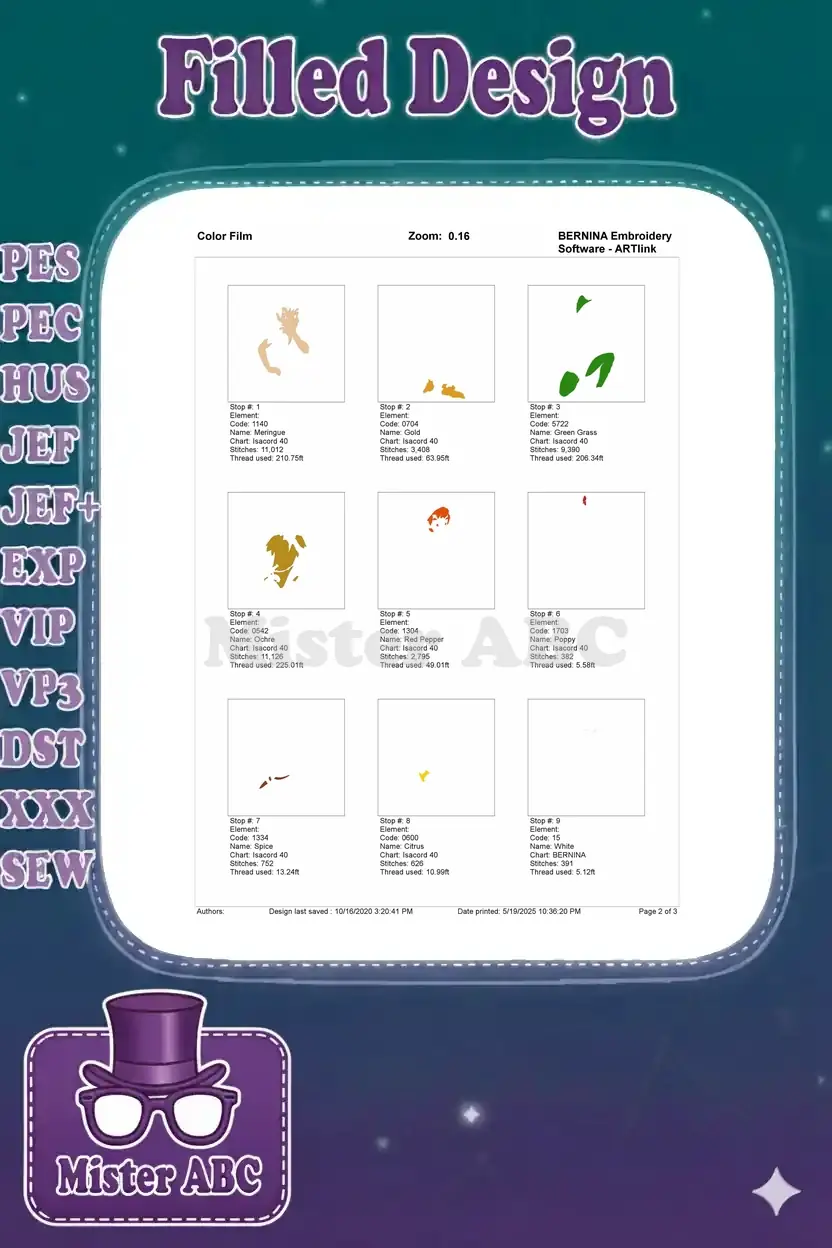 Color film breakdown for Peter Pan embroidery, showing stops 1-9 with stitch order and thread usage.