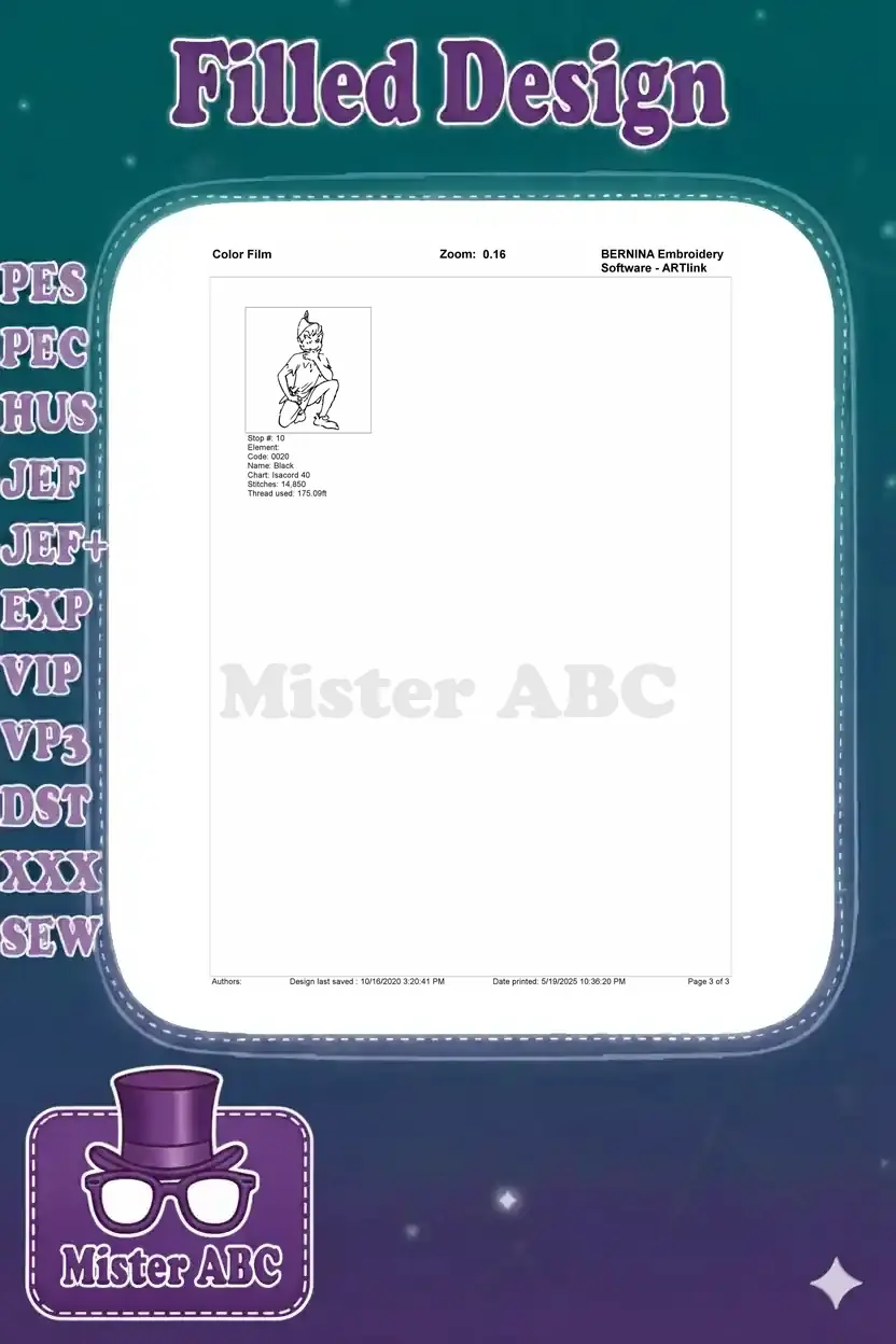 Color film breakdown for Peter Pan embroidery, showing the final stop (10) for the black outline.