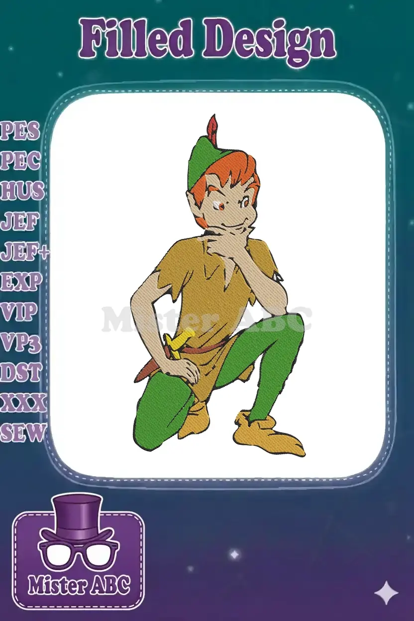 A captivating embroidery design of Peter Pan, crouched in a thoughtful pose, featuring vibrant green and gold colors.
