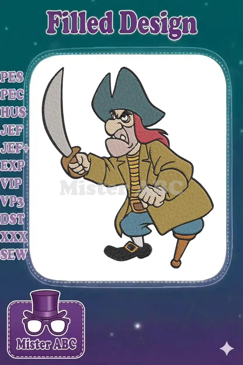 Vibrant embroidery design of Captain Hook, the iconic pirate from Peter Pan, brandishing his sword menacingly.
