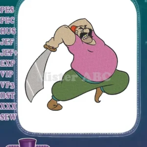 Smee from Peter Pan embroidery design, a burly pirate in a pink shirt and green pants, brandishing a saber.