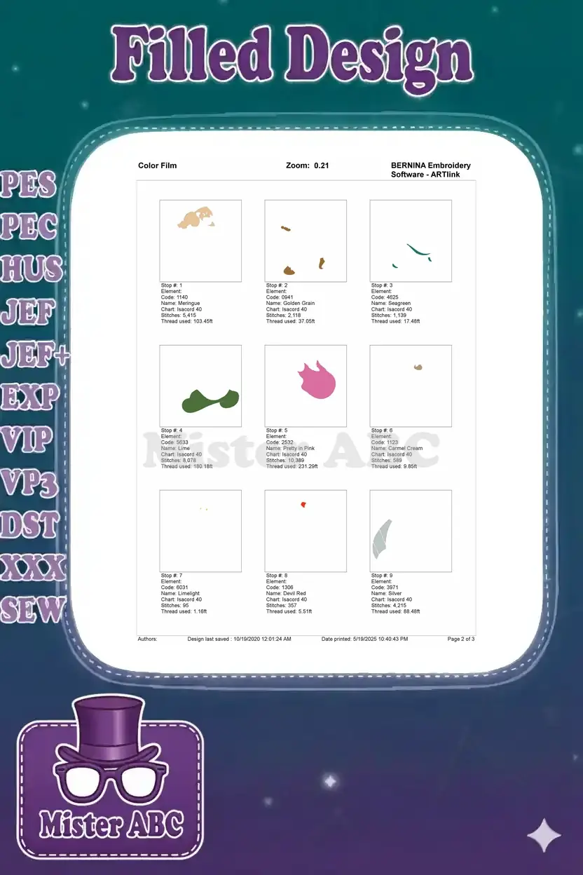 Color film breakdown, page 2 of 3, showing the first 9 color stop elements for the Smee embroidery design.