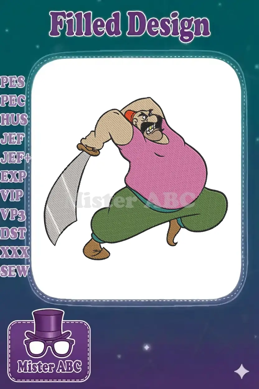 Smee from Peter Pan embroidery design, a burly pirate in a pink shirt and green pants, brandishing a saber.