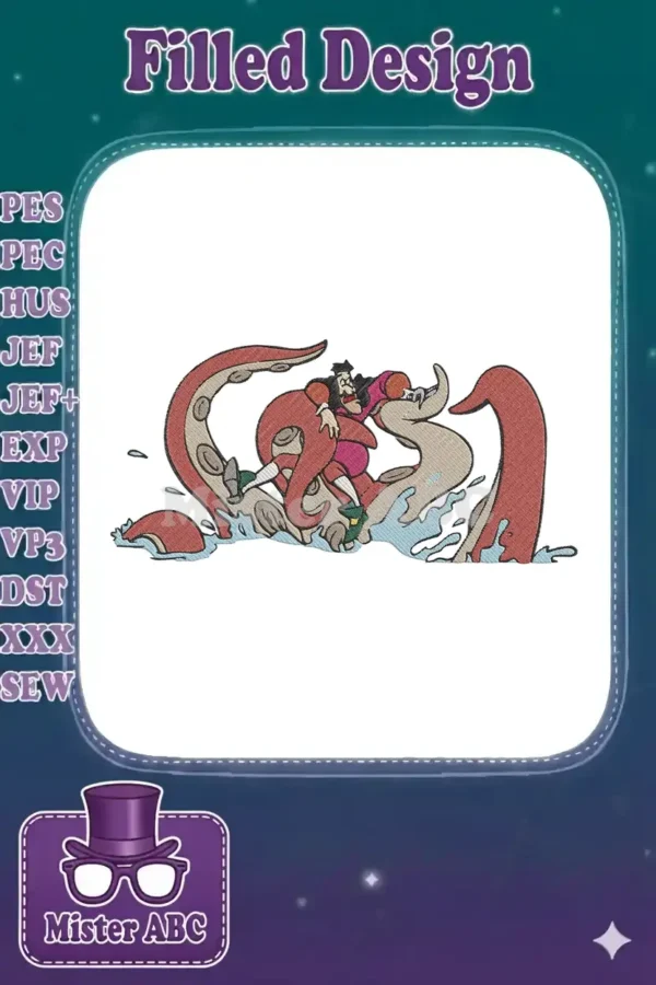 Embroidery design of Captain Gutt, a pirate ape from Ice Age, battling a red and beige kraken amidst blue splashing water.