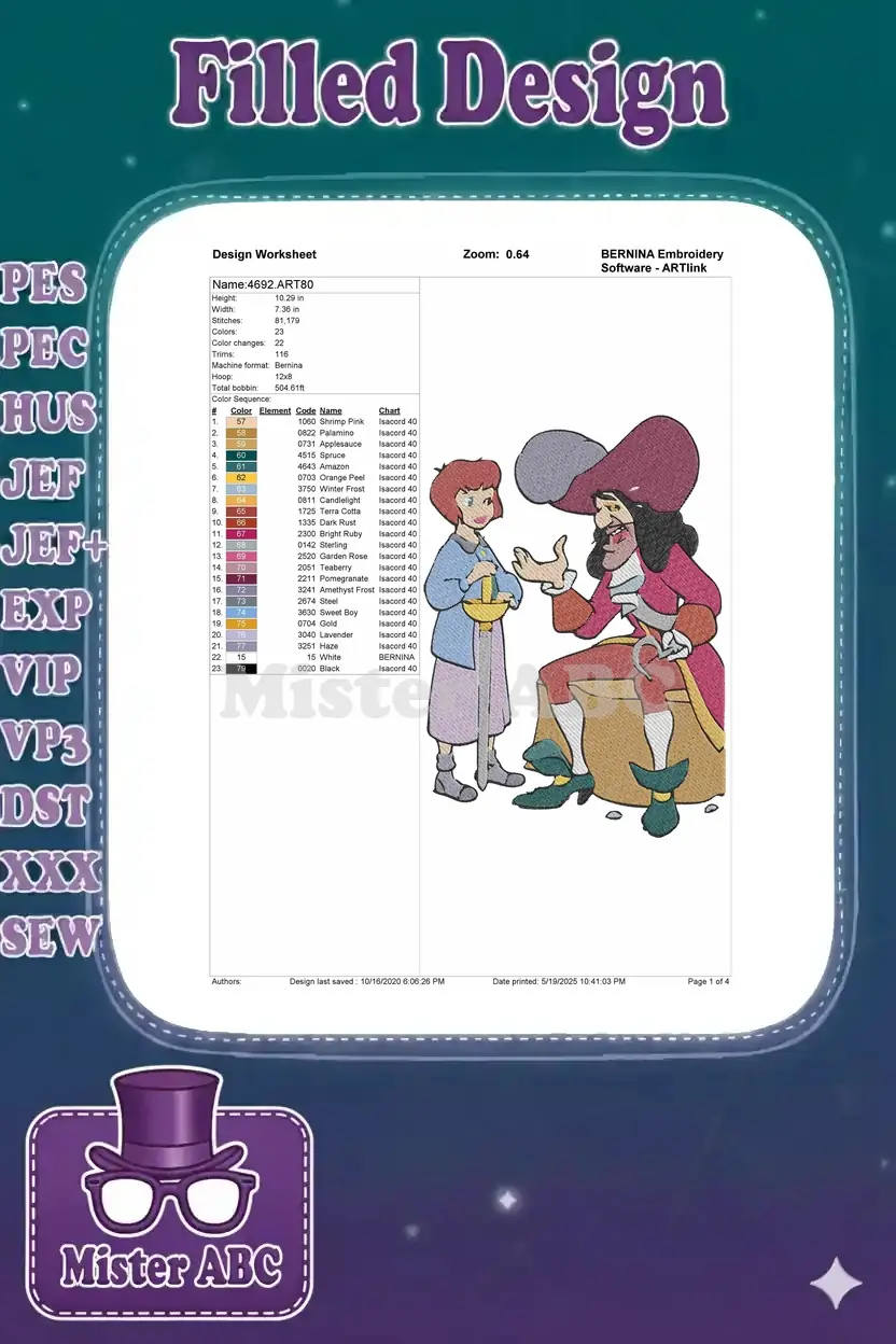 Embroidery design worksheet for Captain Hook and Wendy, showing dimensions, stitch count, and a comprehensive color chart.