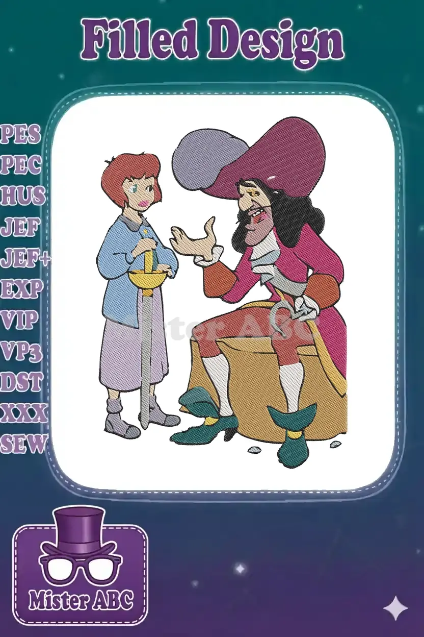 Full-color embroidery design of Captain Hook, seated, gesturing towards Wendy Darling, who stands holding a sword.