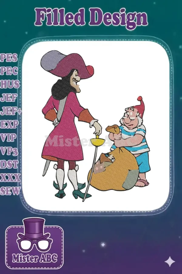 Full-color embroidery of Captain Hook, sword in hand, looking at a kneeling Mr. Smee next to a treasure sack.
