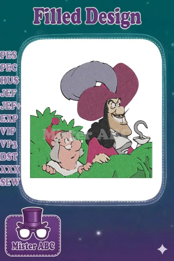 Detailed embroidery design of Captain Hook and Mr. Smee, hiding in green foliage with his signature hook.