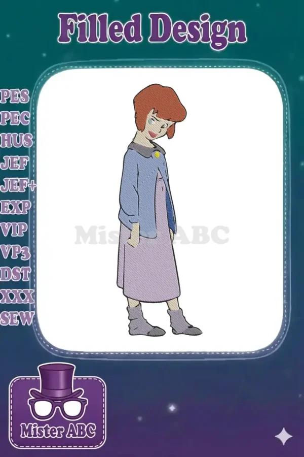 A beautiful embroidery design of Anya from Anastasia, featuring her in a blue coat and purple dress, smiling.