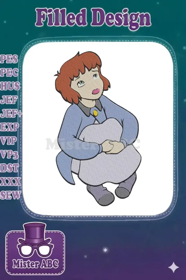 Embroidered design of a sad young girl with red hair, blue coat, and purple shoes, hugging her knees.