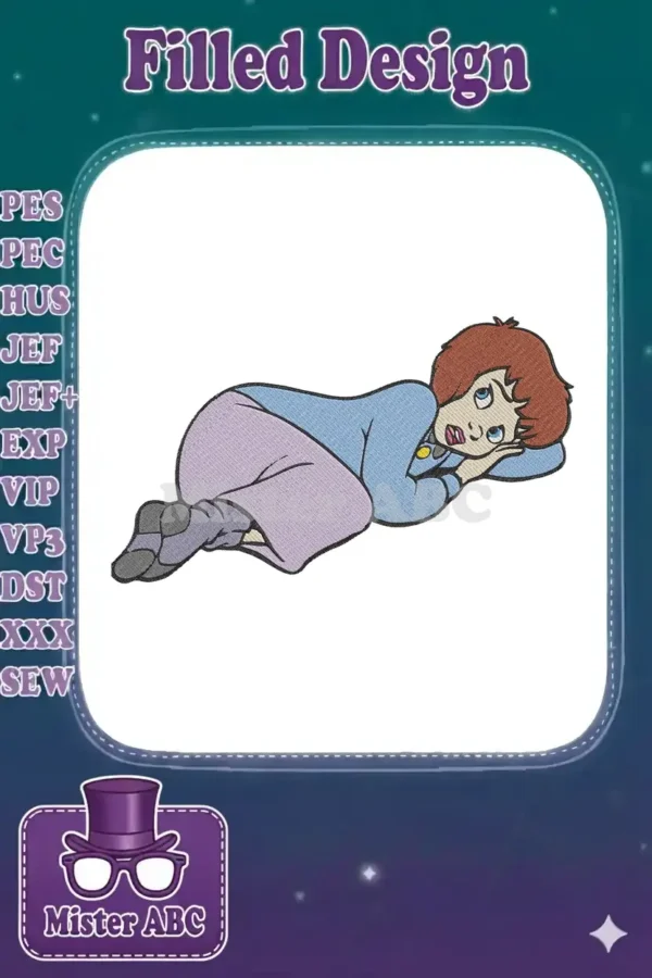 A charming embroidery of Wendy Darling from Peter Pan, lying on her side with a thoughtful, slightly exasperated expression.