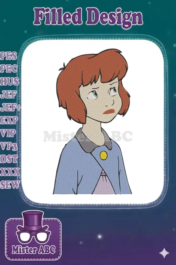 A detailed embroidery design featuring a young girl with reddish-brown hair and a blue coat, looking upwards thoughtfully.