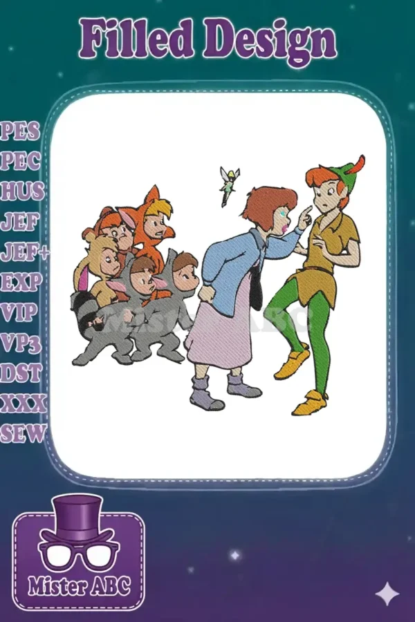Full color embroidery of Peter Pan, Wendy, Tinker Bell, and Lost Boys in animal costumes, on a white background.
