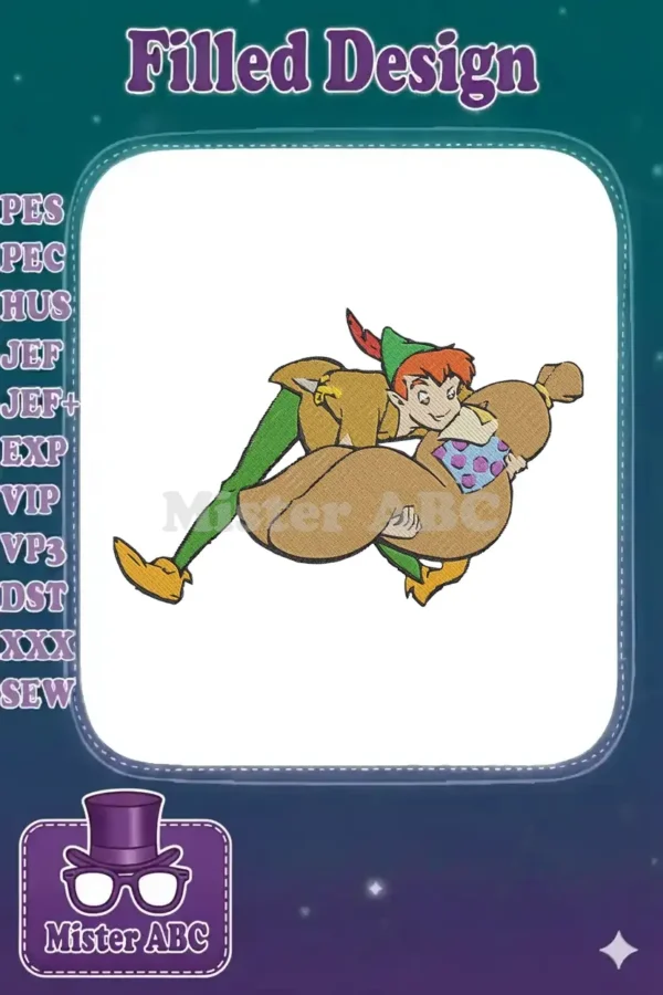 Vibrant Peter Pan embroidery design showing the character in his classic outfit, carrying a large sack.