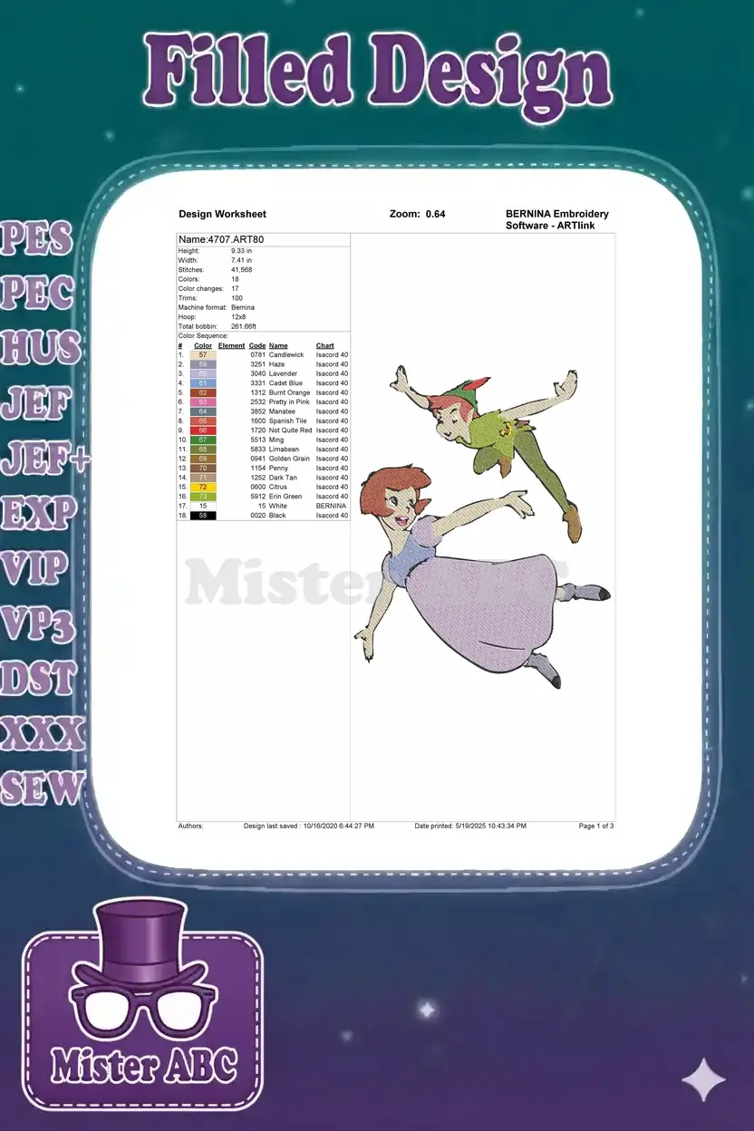 Embroidery design worksheet showing Peter Pan and Wendy, with details on size, stitches, colors, and thread chart.