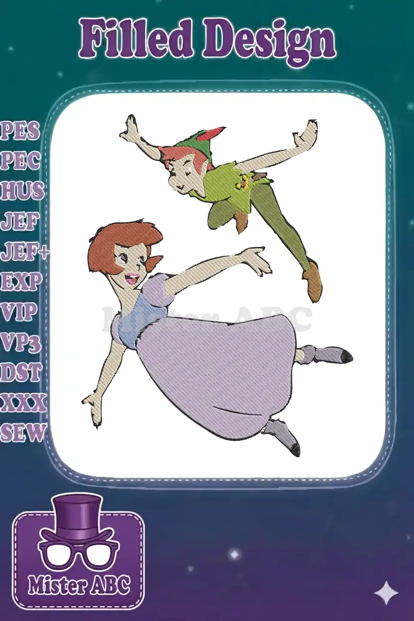 Vibrant embroidery design of Peter Pan in green and Wendy in lavender, both flying gracefully against a white background.