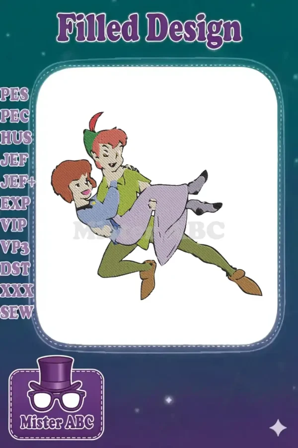 A vibrant embroidery design featuring Peter Pan holding Wendy Darling, both smiling, captured in a dynamic flight pose.