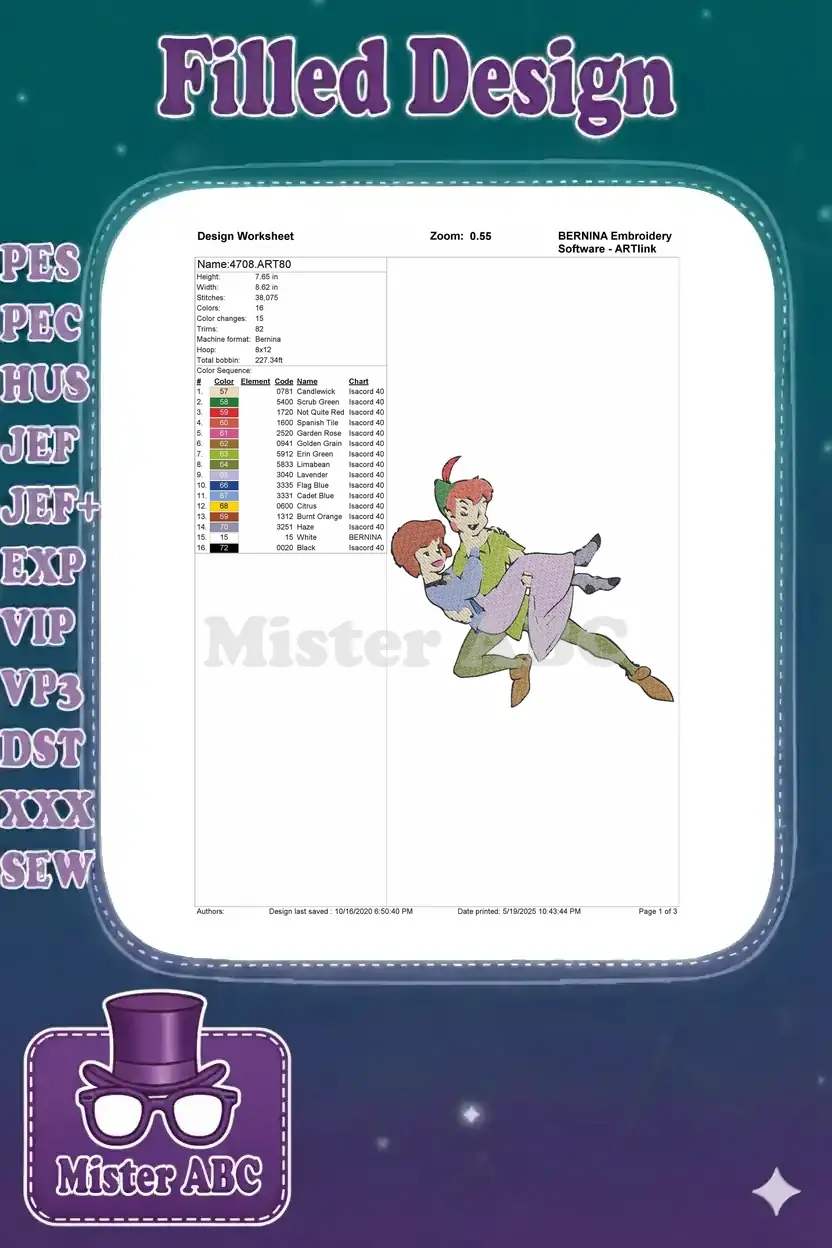 An embroidery design worksheet detailing stitch counts, color sequence, thread types, and design dimensions for Peter Pan and Wendy.