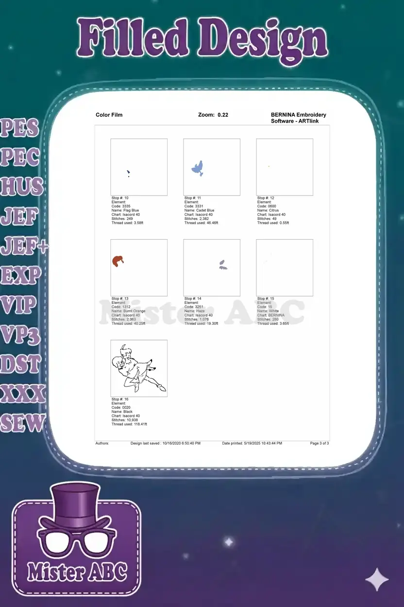 A color film breakdown showing the final seven individual thread stops, including the black outline, for the embroidery design.