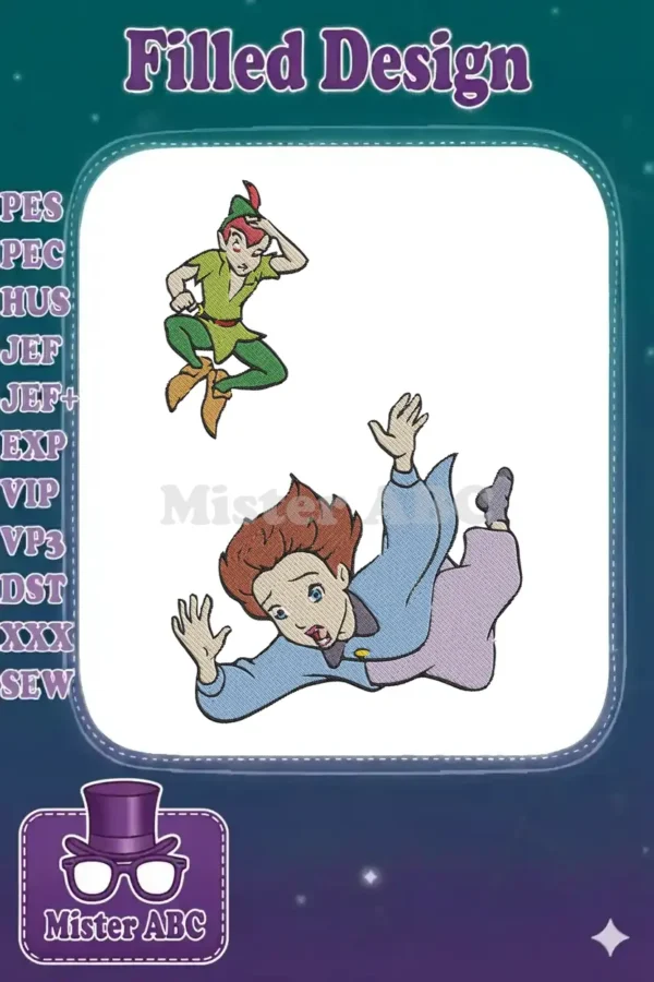 Vibrant embroidery design featuring Peter Pan appearing to fly above a surprised, falling Wendy Darling from the classic tale.