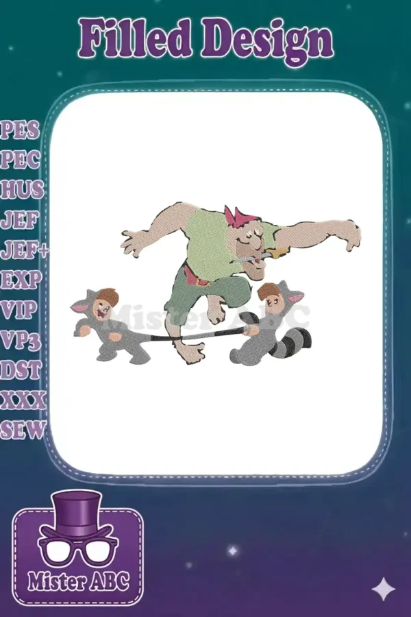 Embroidery design of Captain Hook, mid-stride, pulling a rope with two small raccoon-suited characters. Vivid colors.