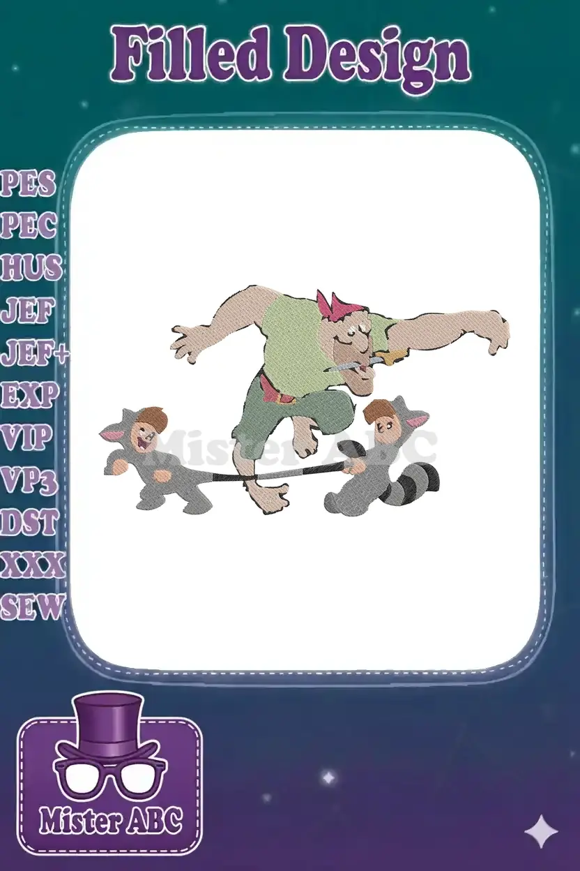 Embroidery design of Captain Hook, mid-stride, pulling a rope with two small raccoon-suited characters. Vivid colors.