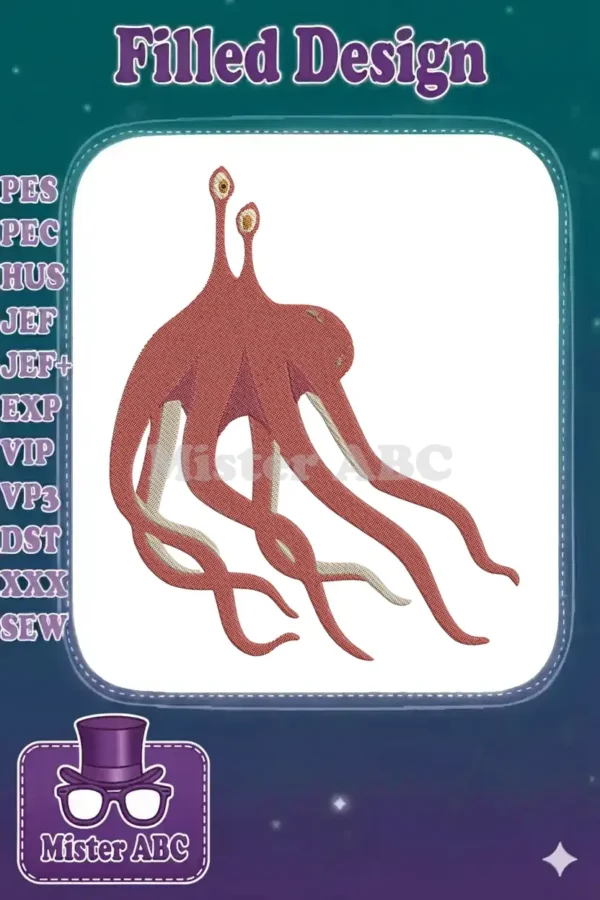 Detailed embroidery design of the Flying Spaghetti Monster, featuring a reddish-brown body and prominent eye stalks.