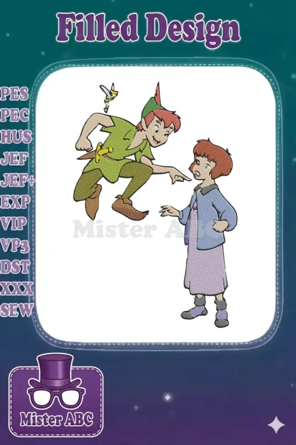 Vibrant embroidery design showcasing Peter Pan flying towards a surprised Wendy Darling, with Tinker Bell above.