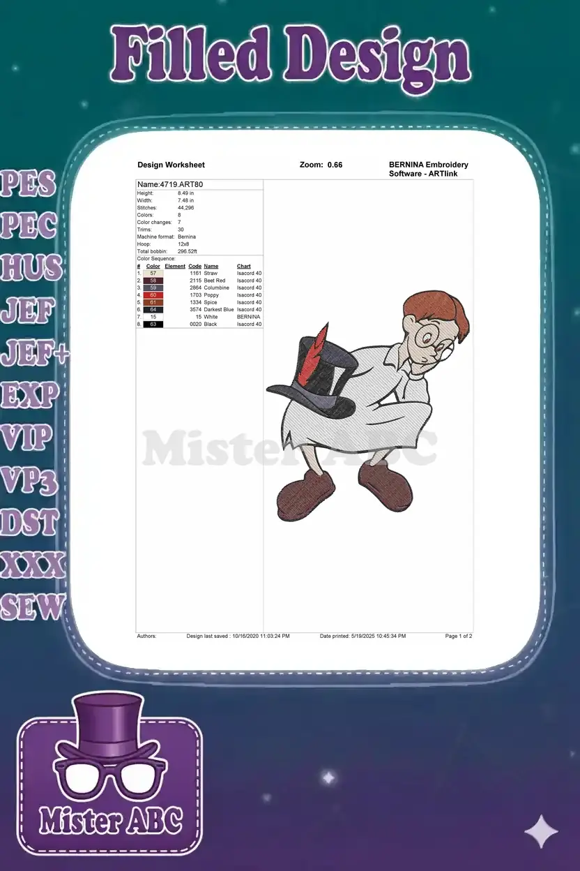 Embroidery design worksheet for Mr. Smee, detailing dimensions, stitch count, color sequence, and machine info.