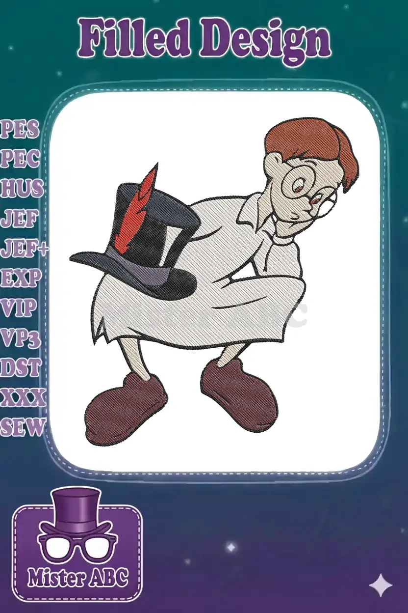 Embroidered design of Mr. Smee from Peter Pan, holding a black top hat with a red feather, showcasing detailed stitching.