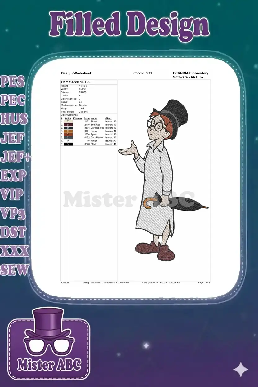 Embroidery design worksheet for Mr. Smee, showing dimensions, stitch count, color sequence, and thread details.