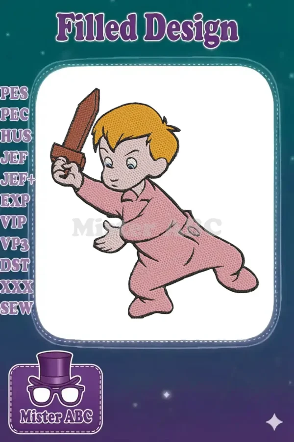 Embroidery design of a playful boy in pink pajamas, blonde hair, holding a wooden sword, ready for adventure.