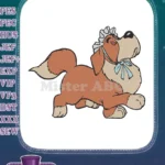 Playful brown dog with bonnet and blue bow embroidery designs - Instant Download