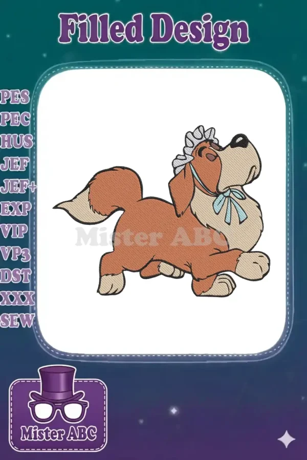 Embroidered classic cartoon dog in a playful running pose, wearing a quaint bonnet and a charming light blue bow.