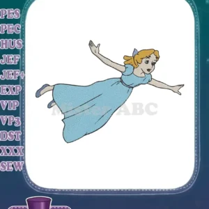 Full-color embroidery design of Wendy Darling flying, with arms outstretched, wearing a light blue nightgown.