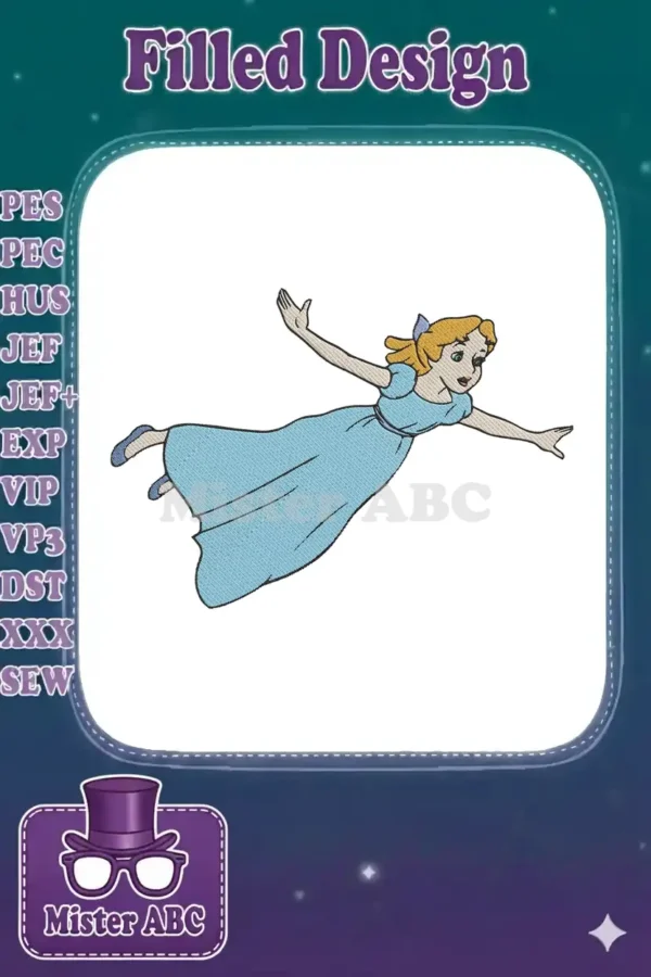 Full-color embroidery design of Wendy Darling flying, with arms outstretched, wearing a light blue nightgown.