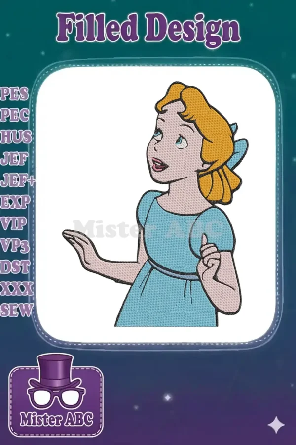 Vibrant embroidery of Wendy Darling from Peter Pan, looking up with an expressive, hopeful face and hands open.