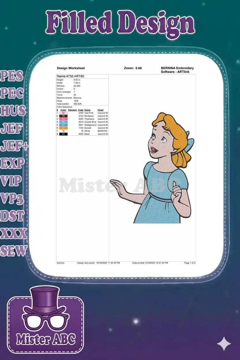 Embroidery design worksheet for Wendy Darling, showing dimensions, stitch count, color chart, and machine details.