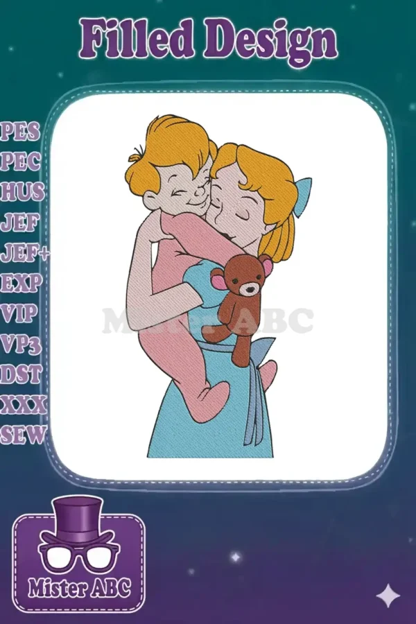 Embroidery design featuring Wendy Darling holding a smiling Michael Darling with his beloved teddy bear.