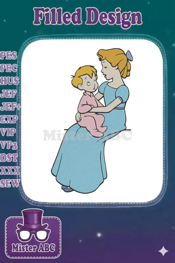 An intricate embroidery design showcasing Cinderella in her blue gown, tenderly holding a young child in pink pajamas.