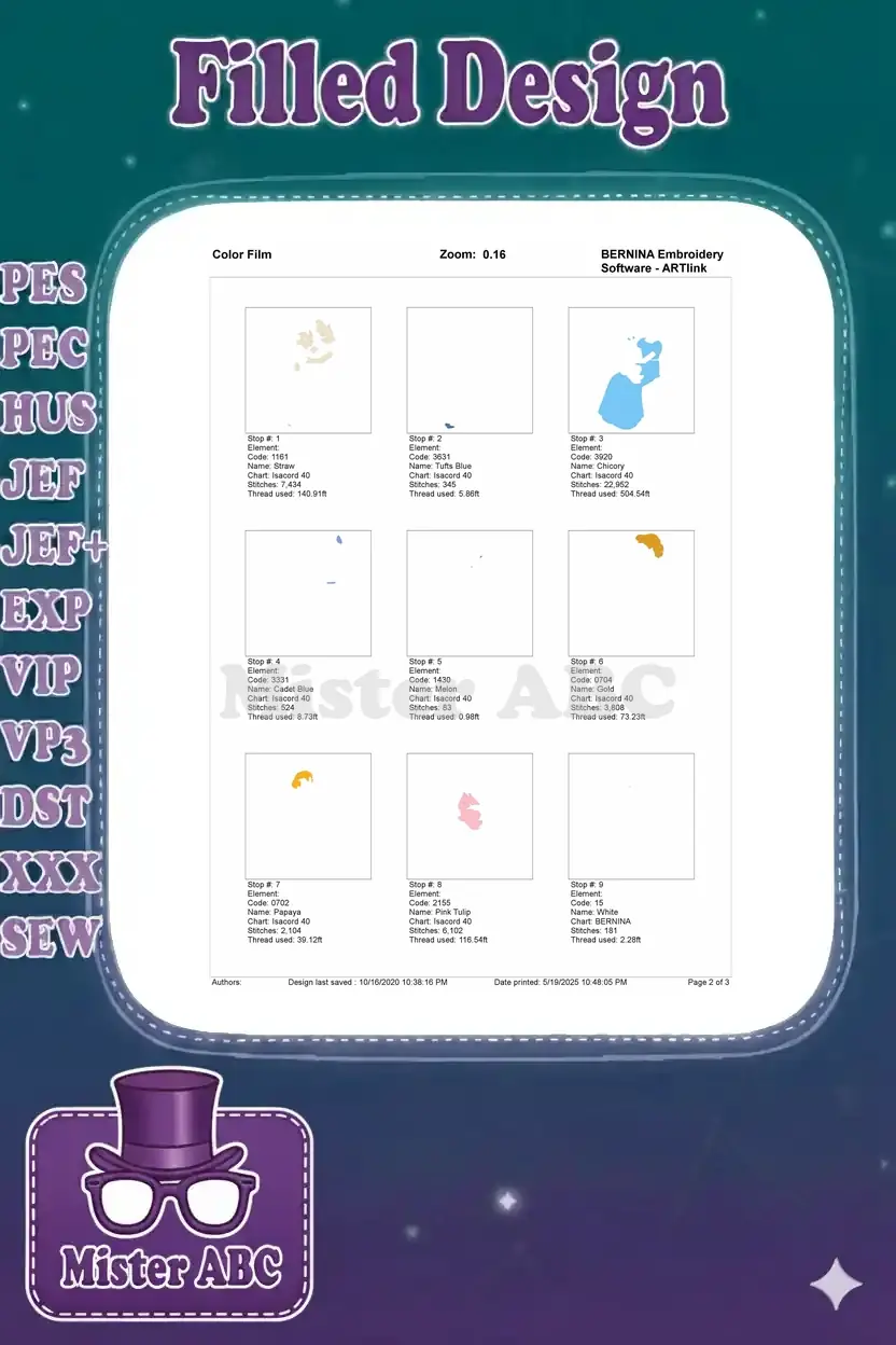 Page 2 of the color film, showing individual color stop details for the first nine colors of the embroidery design.