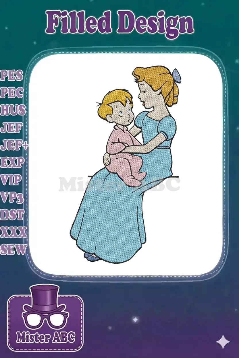 An intricate embroidery design showcasing Cinderella in her blue gown, tenderly holding a young child in pink pajamas.